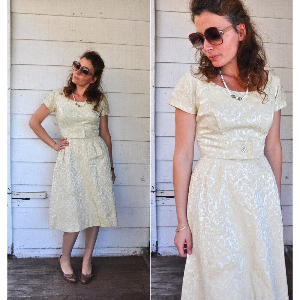 50s Ivory Floral Wedding Dress Cocktail Party Bonwit Teller Mid Century  XS S